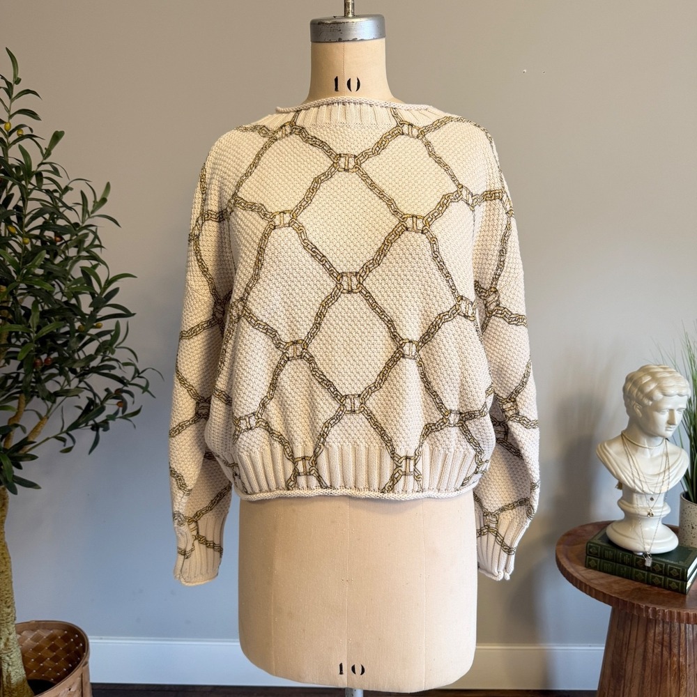 Twinset Milano Chain Print Cotton Knit Boat Neck Sweater Cropped Long Sleeve L